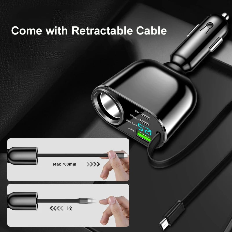 USB C Electric Car Charger with Retractable Cable QC3.0 100W 2-Port Super Fast Charge Adapter Voltage Display 2024 New Arrivals