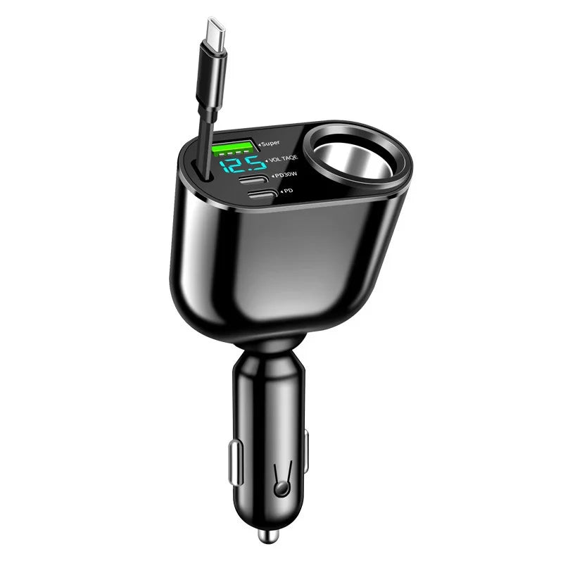 USB C Electric Car Charger with Retractable Cable QC3.0 100W 2-Port Super Fast Charge Adapter Voltage Display 2024 New Arrivals