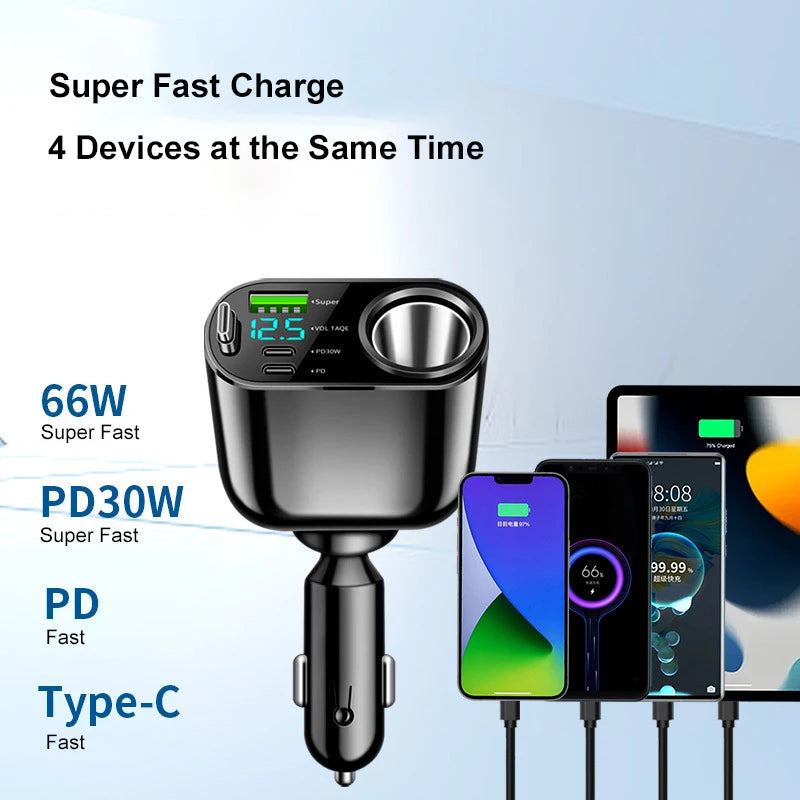 USB C Electric Car Charger with Retractable Cable QC3.0 100W 2-Port Super Fast Charge Adapter Voltage Display 2024 New Arrivals