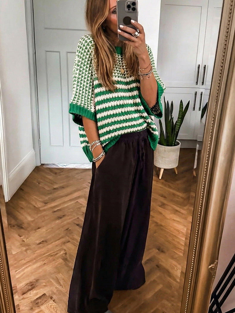 Bright Green Striped Round Neck Casual Sweater