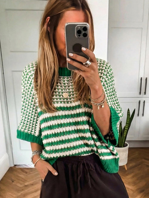 Bright Green Striped Round Neck Casual Sweater